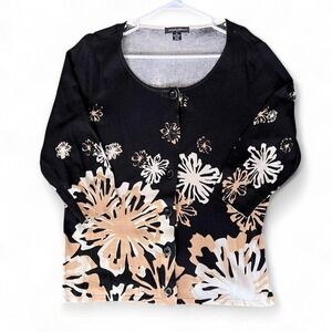 Designer Originals Black Cream floral button up cardigan womens sz XL 3/4 sleeve